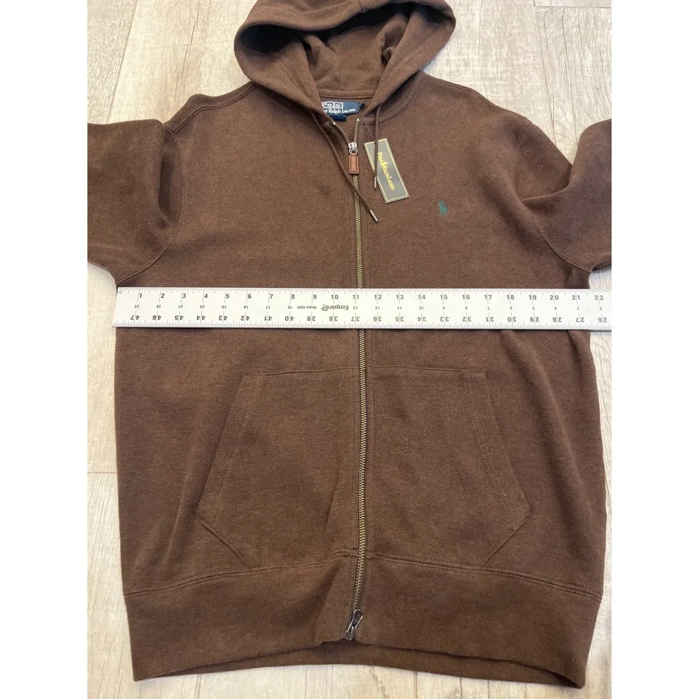Polo Ralph Lauren Mens Brown Cotton Knit Full Zip Hoodie Teal Pony Logo Size M